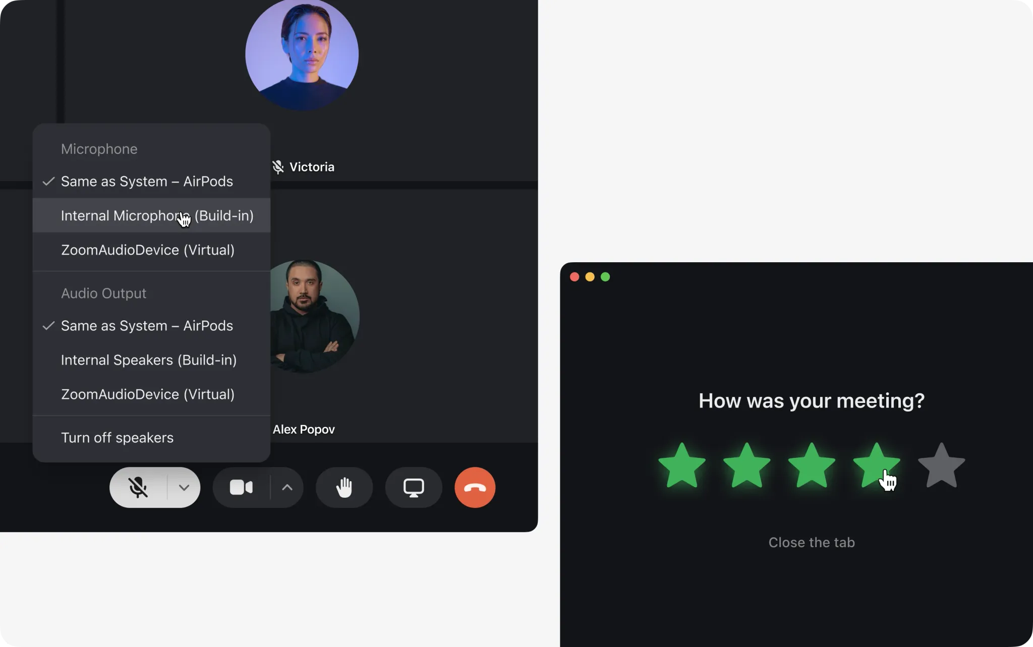Meeting device and satisfaction controls